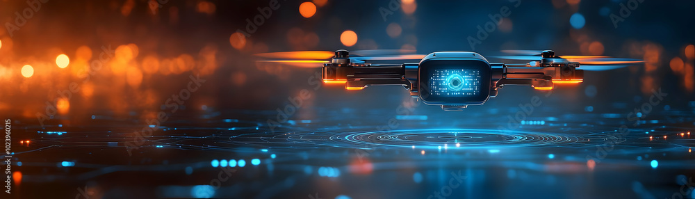Poster holographic drone interface concept: modern drone hovers over sleek black surface with glowing proje