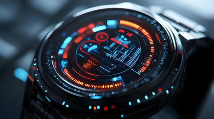 Futuristic 3D Smartwatch Concept Tracking Financial Health Metrics with Real-Time Investment Updates and Economic Indicators