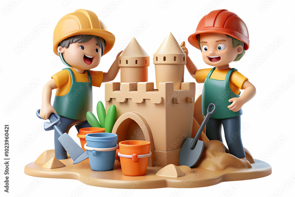 Poster children acting as builders constructing a sandcastle on beach with teamwork and toy tools - creativ