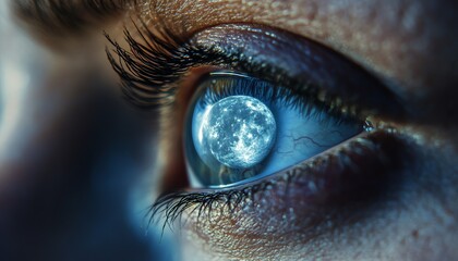 Closeup of a persons eye, with the Moon reflected in the iris, symbolizing dreams of space conquest and exploration
