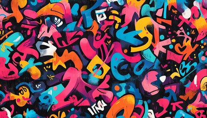 Dynamic seamless pattern of urban street art, featuring colorful graffiti tags and murals, celebrating the creativity of contemporary art movements