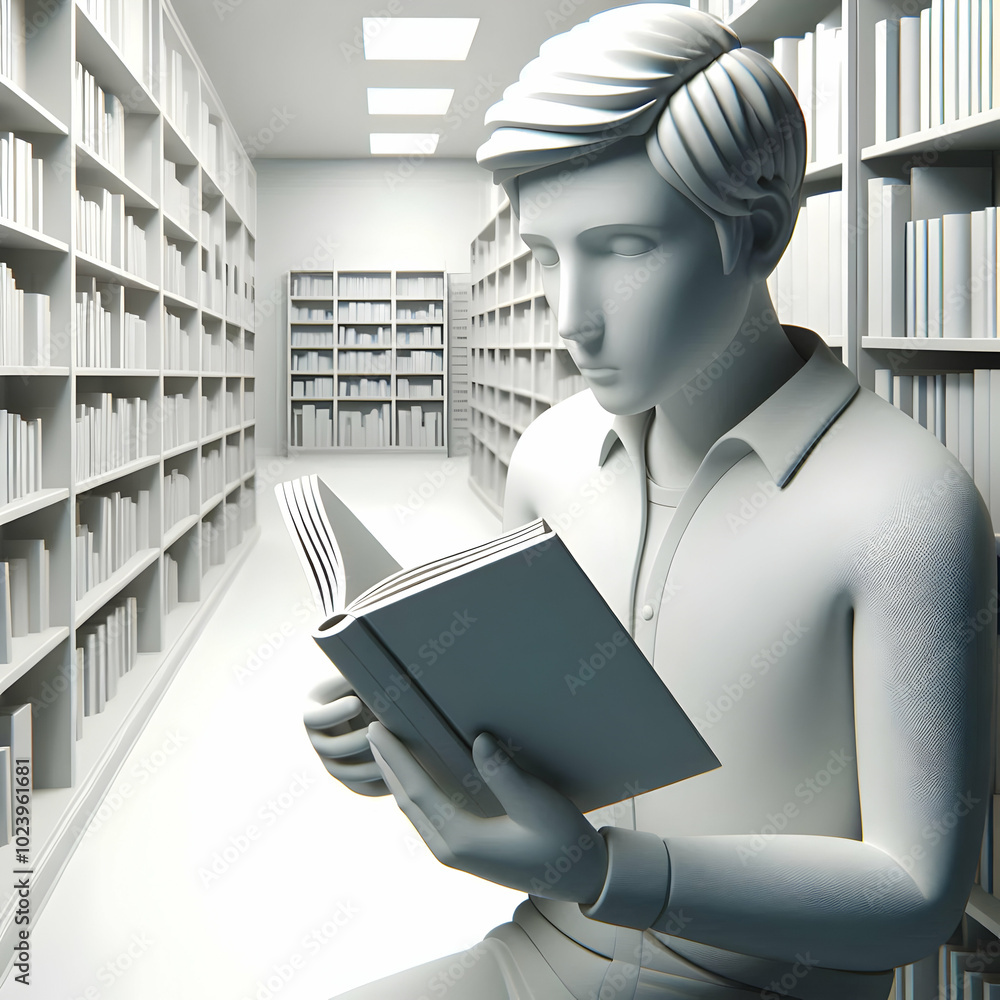 Poster 3d candid bookstore browsing concept: intently reading in an aisle with emphasis on personal connect