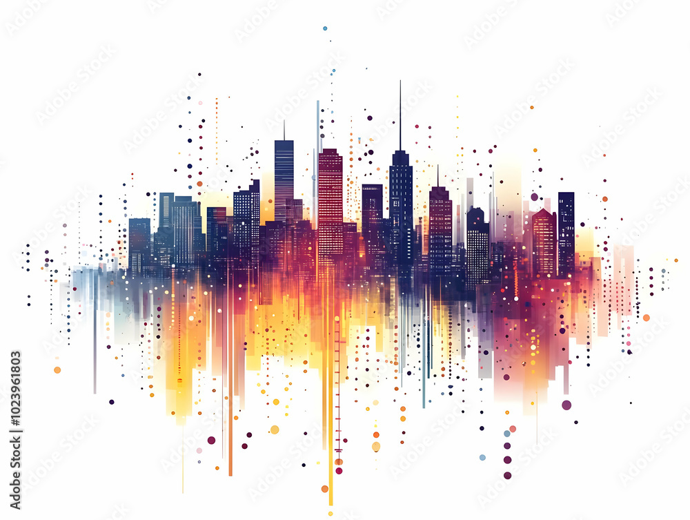 Poster flat abstract digital rain forms modern business skyline - wide shot of falling digital characters c
