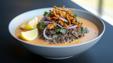 Bowl of food with a yellow lemon slice on top. The bowl is filled with a red sauce and has a garnish of onions and cilantro