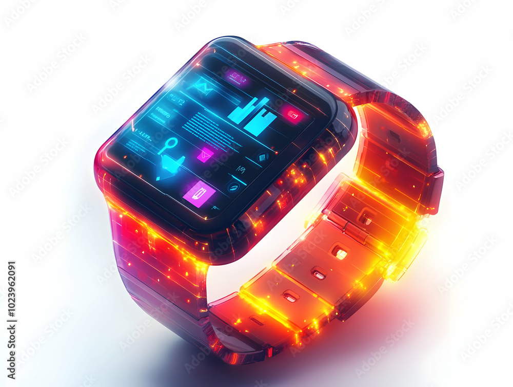 Aufkleber flat holographic smartwatch displaying glowing ui in mid-air - modern vector illustration for tech a