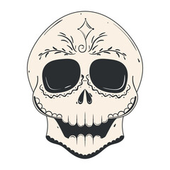 Sugar skull with intricate smiling face and bold patterns, Vector