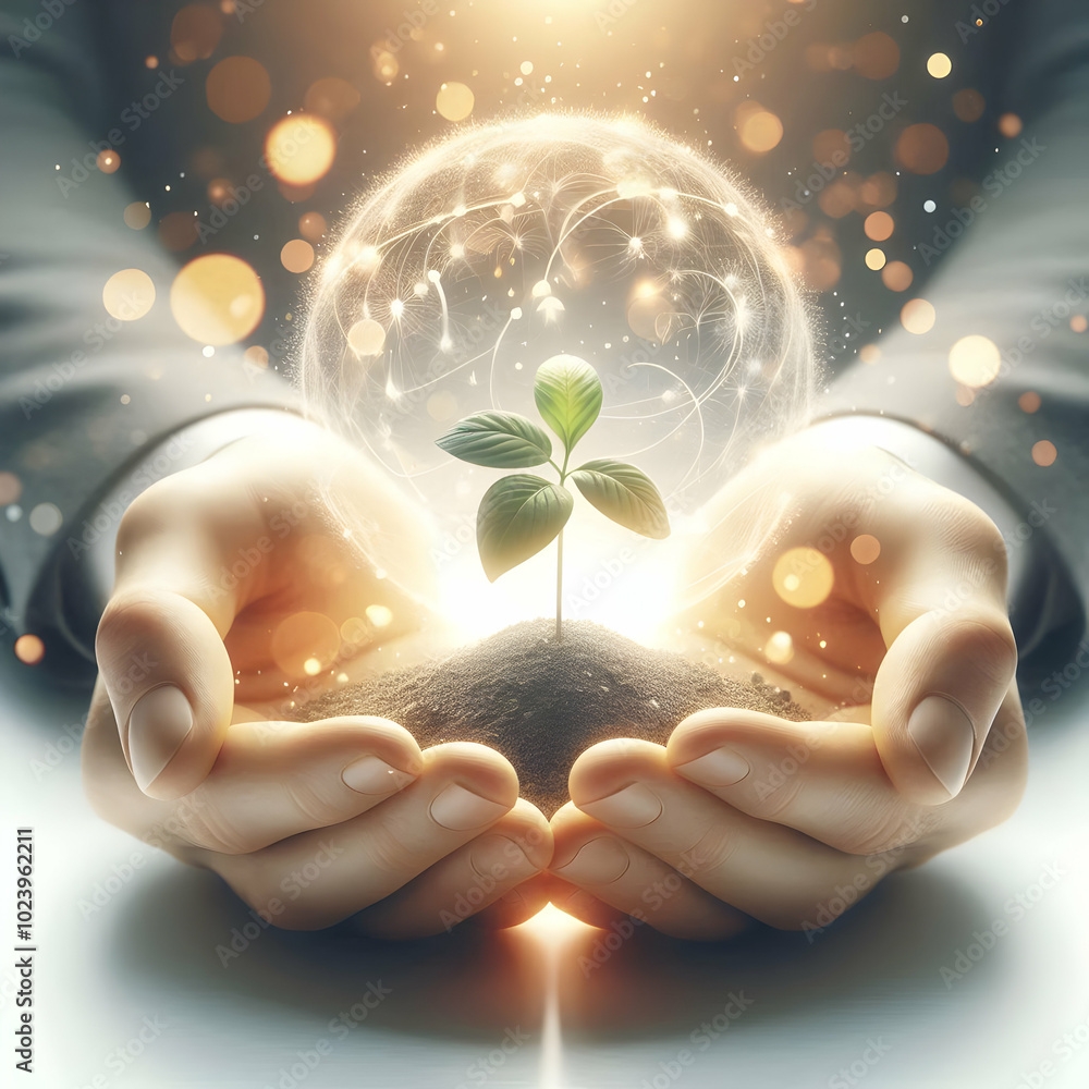 Poster 3d abstract hands holding seedling - soft image nurturing growth with bokeh light effects, symbolizi