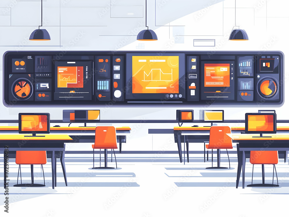 Poster flat futuristic classroom with interactive surfaces: high-tech learning environment featuring digita
