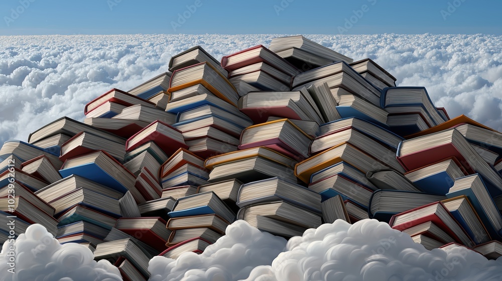 Aufkleber pile of books is stacked on top of each other, creating a sense of chaos and disarray. the image con
