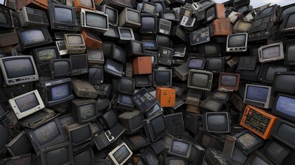 Fototapeta premium Pile of old televisions and boxes. Scene is one of clutter and disorganization