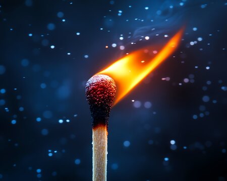 Detailed shot of a matchstick catching fire, representing the spark of a momentous event, strong contrasts, emotional depth