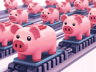 Flat Piggy Bank Assembly Line Concept: Seamless Tile Pattern of Cartoon Production Process for Piggy Banks in a Playful Minimalist Style