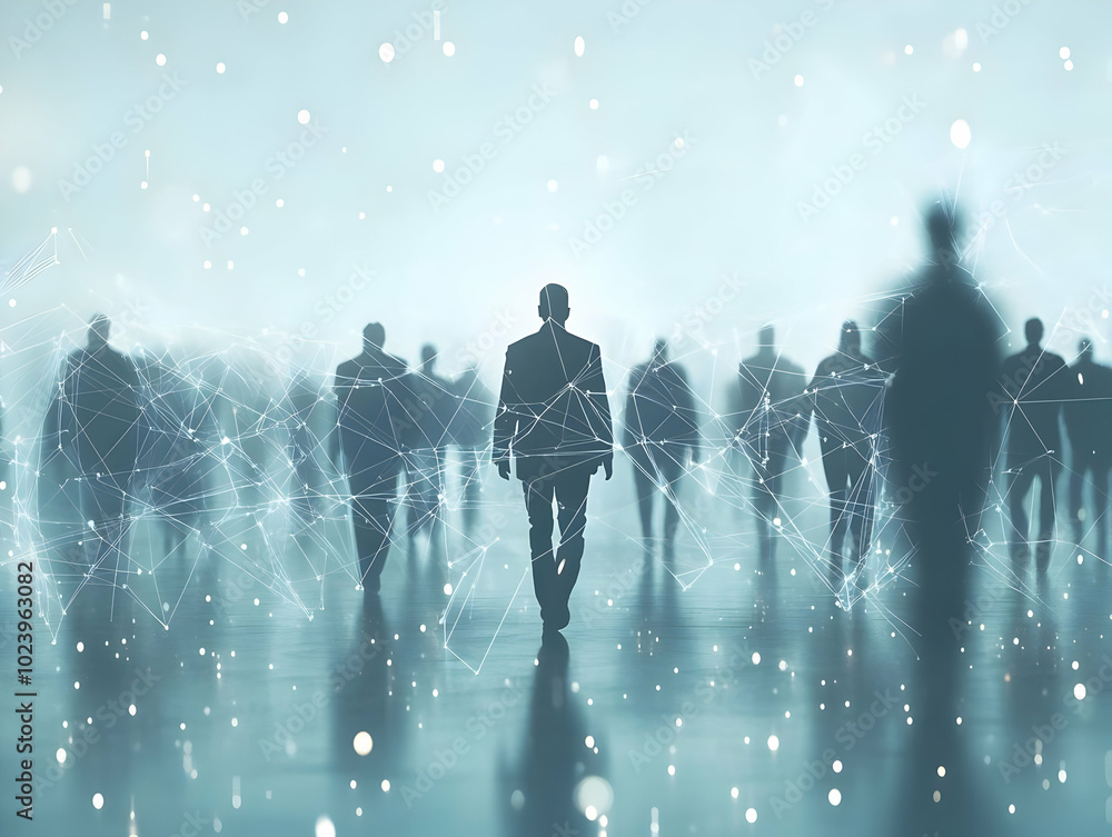 Poster flat blurred silhouettes networking: dynamic shadowy figures connected by glowing light trails in a 