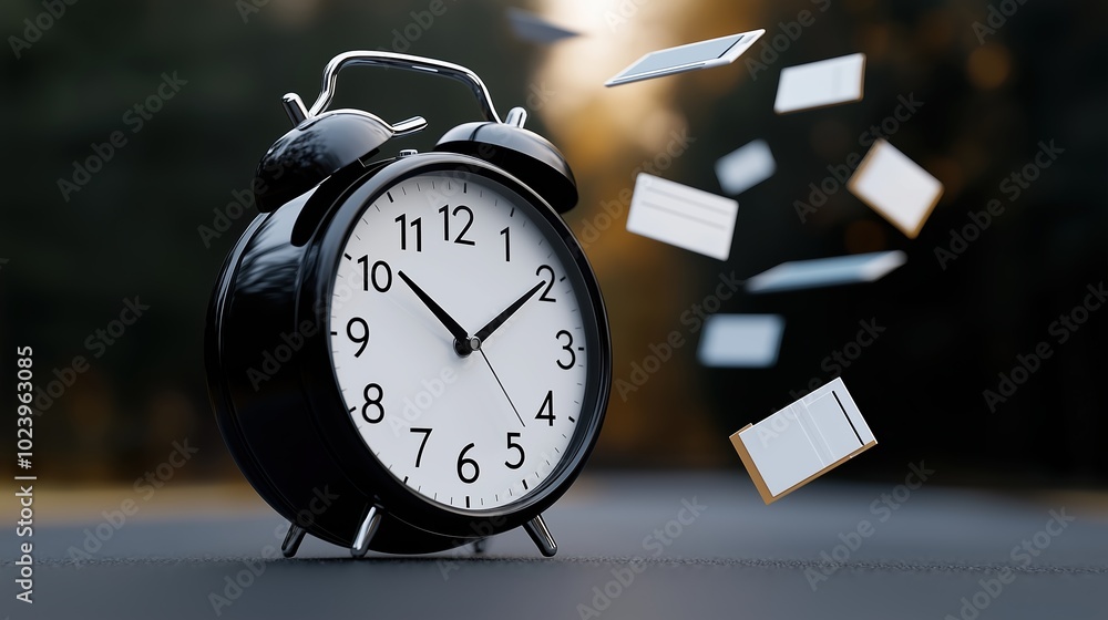 Poster black alarm clock with the hands on the number 3 and 9. the clock is surrounded by paper and cards, 