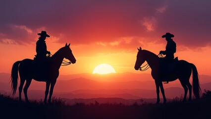 Cowboys on horseback at sunset, creating a dramatic scene filled with Western camaraderie and adventure