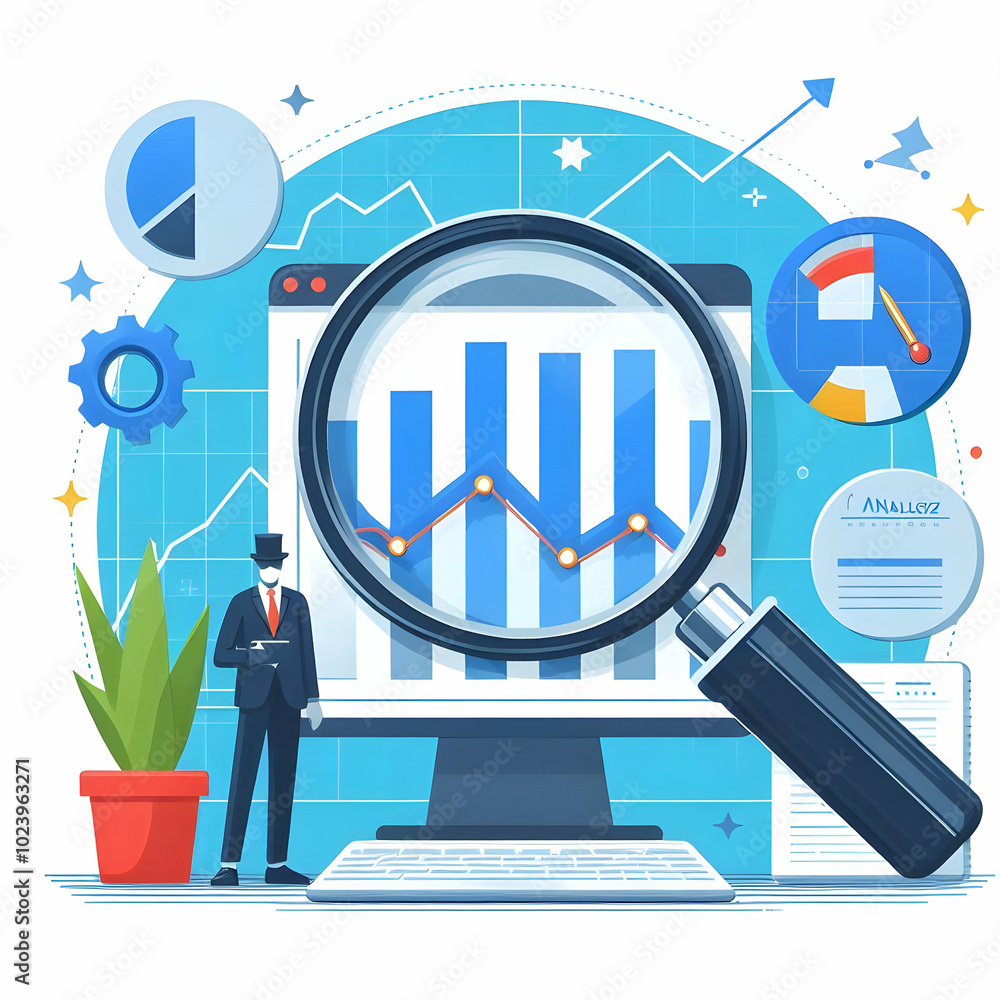 Poster Flat Graph and Magnifying Glass Illustration: Analyzing Data with 'Analyze' Text for Financial Evaluation and Analysis
