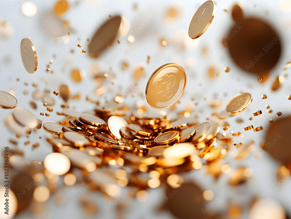 Aufkleber flat soft focus coins spinning into a vortex - mesmerizing wealth accumulation scene in simple flat 