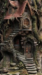 Obraz premium Enchanted Treehouse Cottage: A Whimsical Stone and Wood Fantasy Home