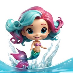 Delightful 3D chibi mermaid with flowing hair and a shimmering tail, bringing a joyful underwater scene to life