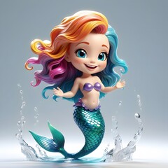 Vibrant 3D chibi mermaid with a shimmering tail and flowing hair, radiating joy and playfulness in an aquatic setting