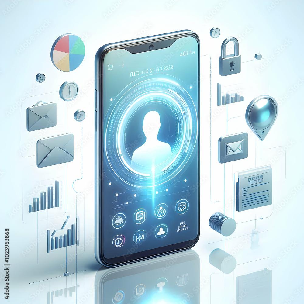 Poster flat holographic smartphone with floating app icons - glossy design for modern branding space in sle