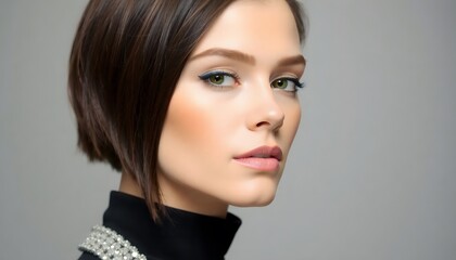 Naklejka premium Stylish model with a short bob hairstyle, embodying modern beauty and sophistication