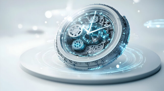 3D Floating Holographic Clock with Glowing Gears: A Minimalist Concept of Time, Growth, and AI Expertise on a Clean White Background