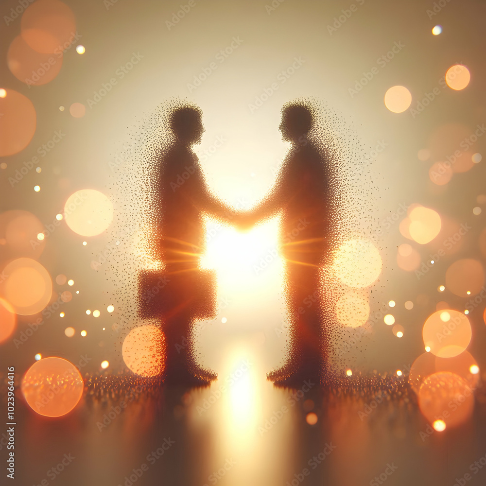 Poster 3d abstract bokeh handshake concept - silhouetted businesspeople shaking hands in soft focus with wa