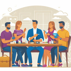 Flat Vector Illustration of Friends Supporting Diabetic Friend During Meal - Candid Scene of Warmth and Understanding as They Manage Insulin Levels Together