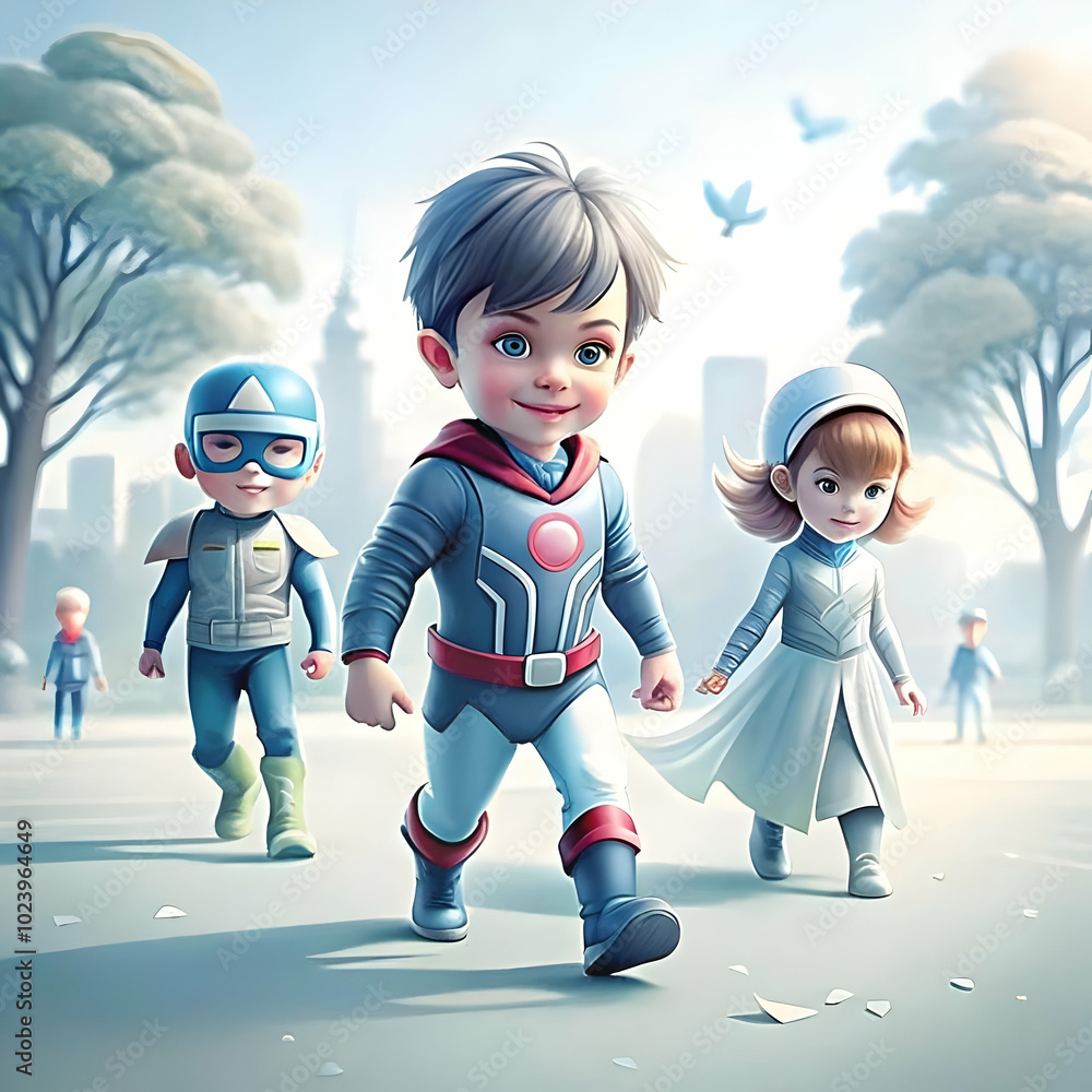 Poster children dressed as superheroes playing in a sunny park: macro close-up capture of dynamic poses and