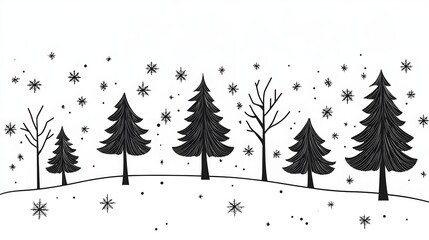 Obraz premium Minimalist christmas line art. Winter forest illustration