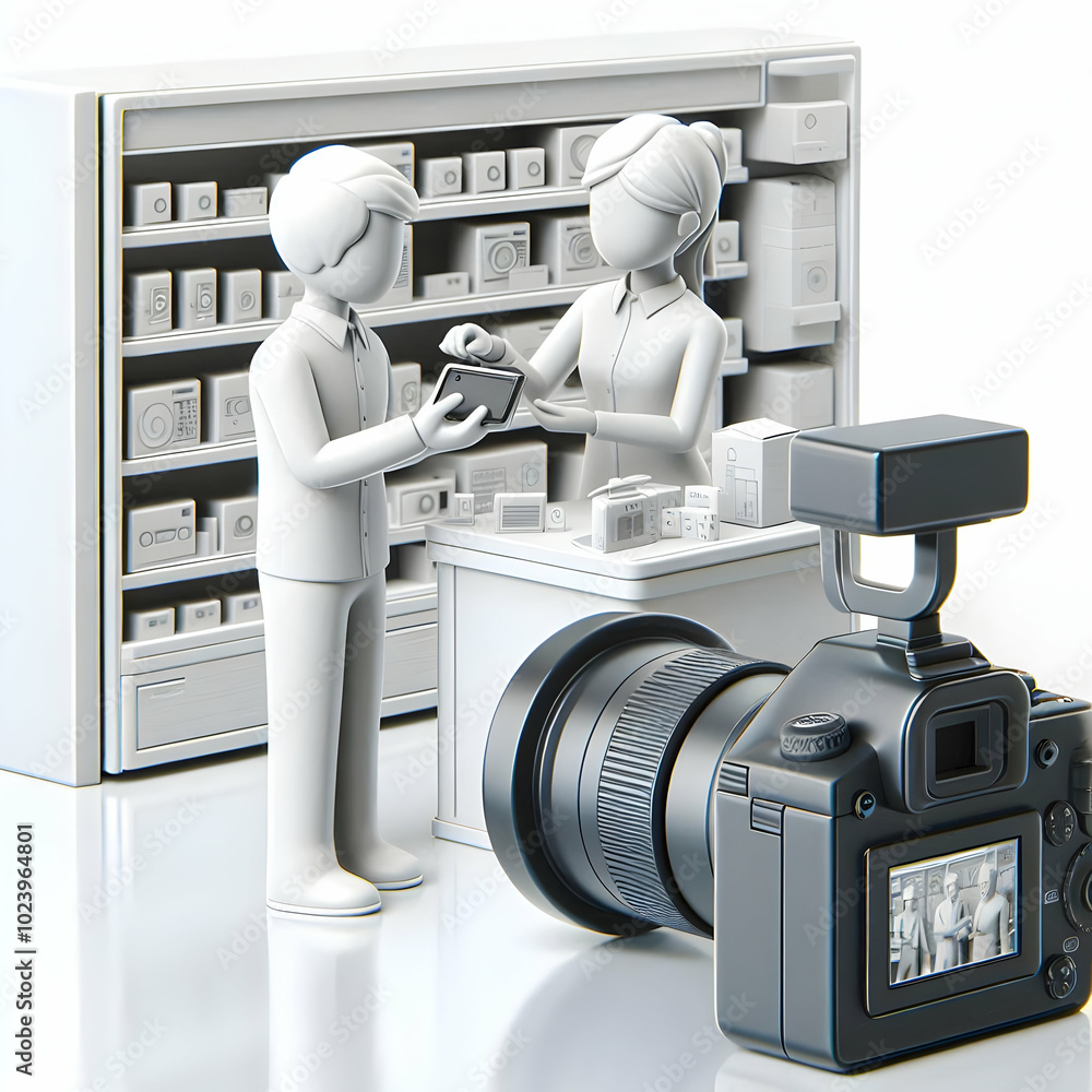 Poster 3d candid tech store inquiry concept: engaging customer and store assistant discussing products in t