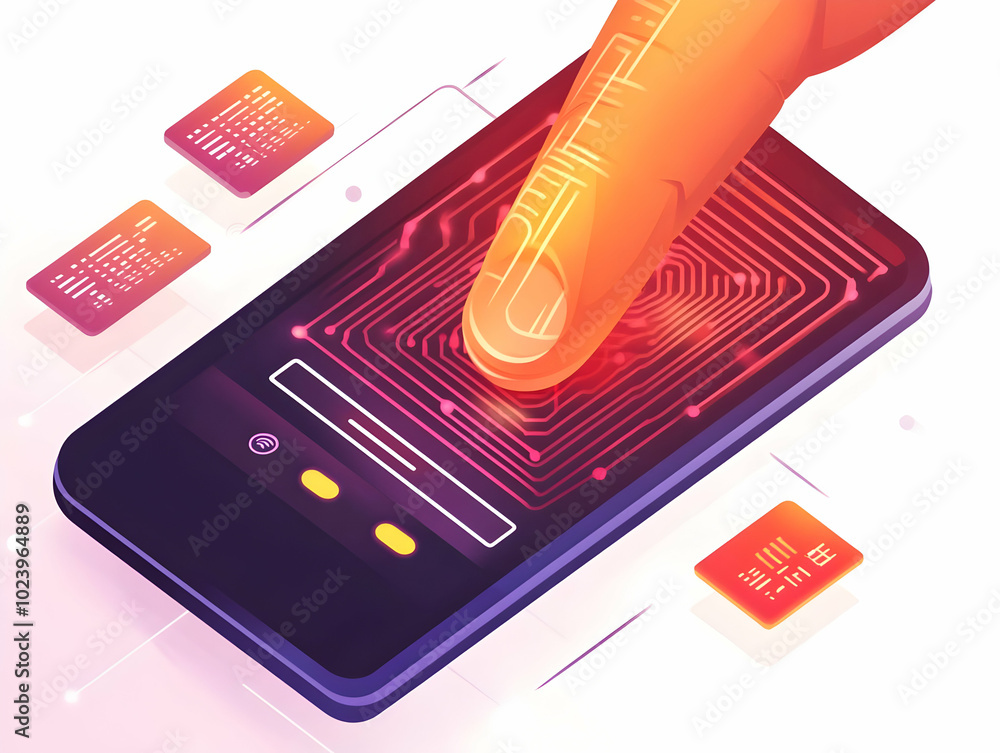 Poster flat macro shot of finger scanning biometric payment concept - futuristic vector illustration for di