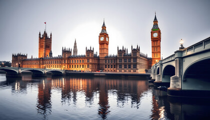 Naklejka premium Houses of parliament with Big Ben tower and Westminster bridge reflected in Thames river, London, UK isolated with white highlights, png