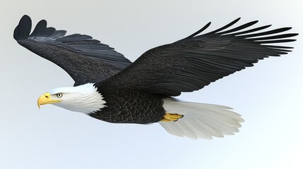 Fototapeta premium A Bald Eagle in mid-flight with its wings spread wide.