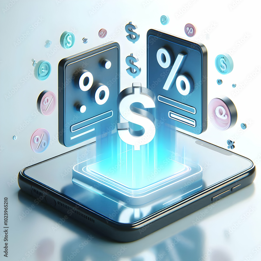 Poster 3d smartphone with holographic price tags: modern device displaying glowing dollar sign and percenta