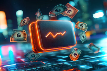 Digital wallet icon floating with money, symbolizing modern finance.