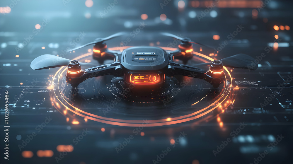 Aufkleber 3d holographic drone interface over sleek black surface | modern drone technology with glowing holog