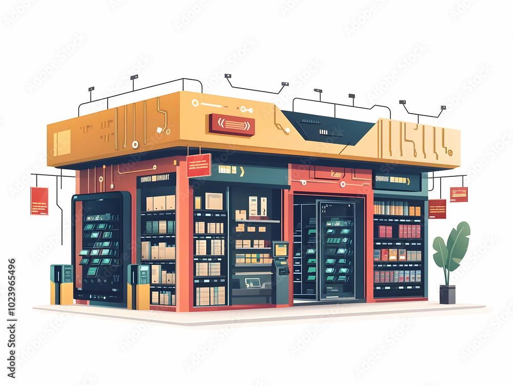 Poster flat retail store as a circuit board concept - isolated vector illustration of modern retail layout 