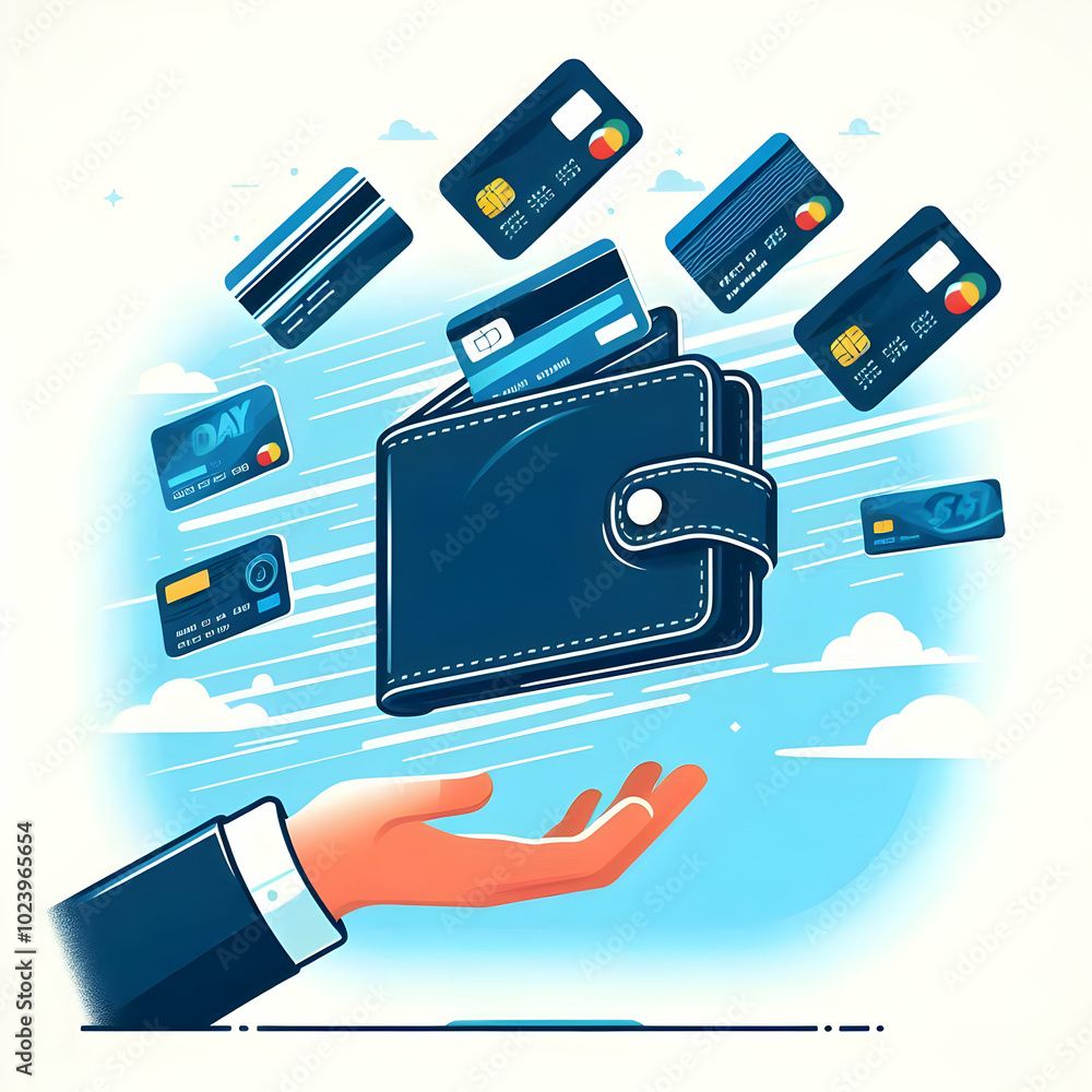 Aufkleber flat levitating wallet with floating credit cards - conceptual design illustrating financial securit