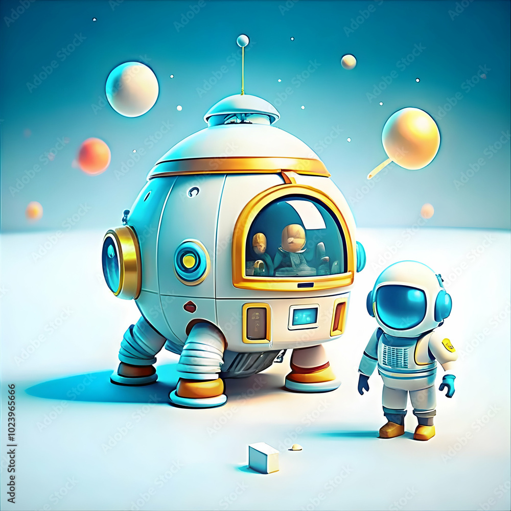 Poster kids as astronauts exploring a backyard space station in macro shot with bokeh background � digital 