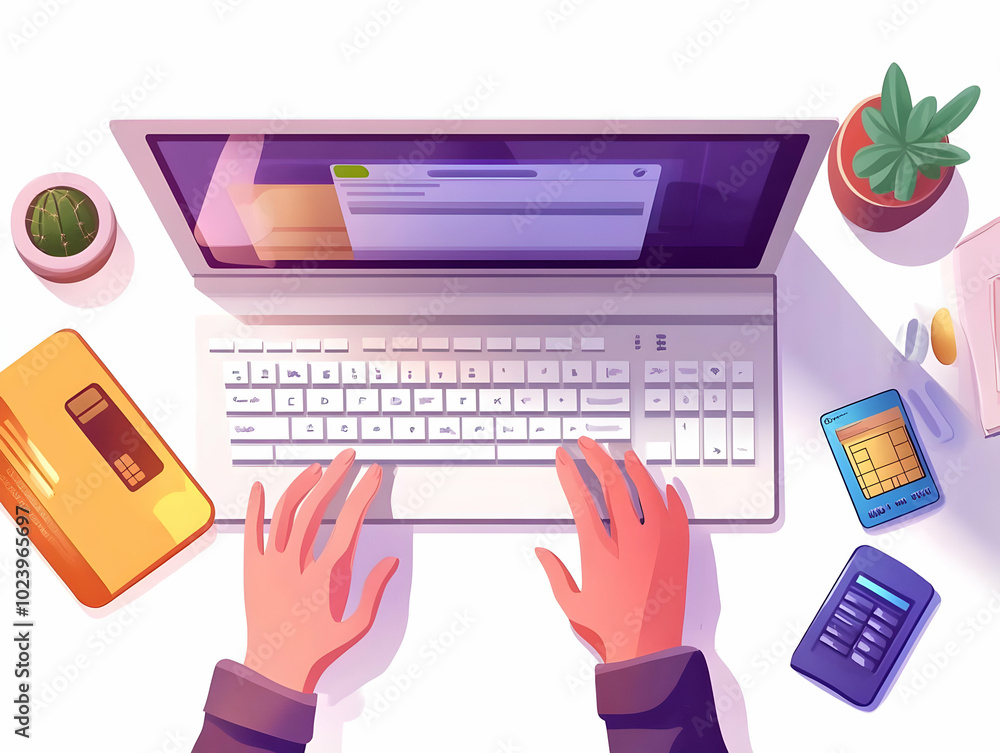 Aufkleber flat vector illustration of hands typing on keyboard with sharp detailed credit card in focus - e-co