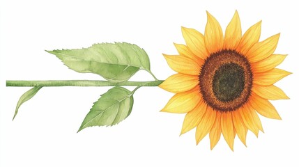 Naklejka premium Watercolor illustration of a sunflower with bright yellow petals, green leaves, and stem, set against a white background..