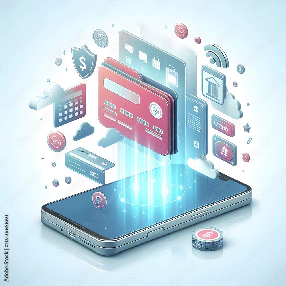 Poster flat holographic smartphone design with floating app icons in a modern business style - ideal copy s