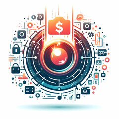 Flat Glowing Sale Icon Surrounded by Tech Elements - Cyber Monday Deals Digital Art Illustration