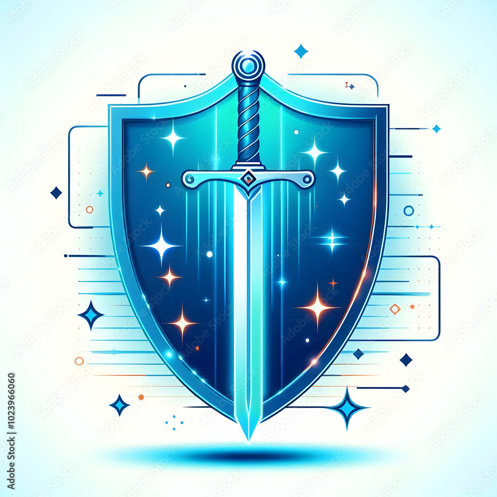 Poster flat glowing holographic sword and shield - modern vector design with ample copy space for protectio