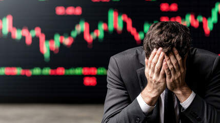 businessman in despair, head in hands, as stock prices fluctuate dramatically.