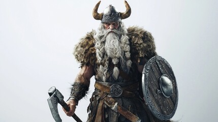 Vidar stands imposingly clad in fur and armor wielding a mighty axe and shield. His fierce expression and horned helmet exemplify his role as a powerful deity of vengeance in Scandinavian mythology.