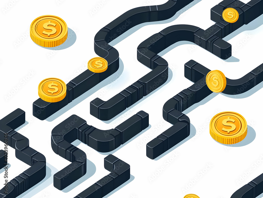 Poster flat wealth growth labyrinth vector graphic - navigate your path to financial success with coin rewa
