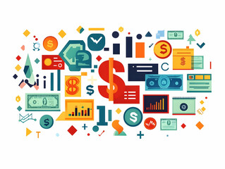 Flat Floating Financial Icons with Currency Symbols & Discount Tags - Vibrant Vector Illustration for Business Advertising and Financial Diversity